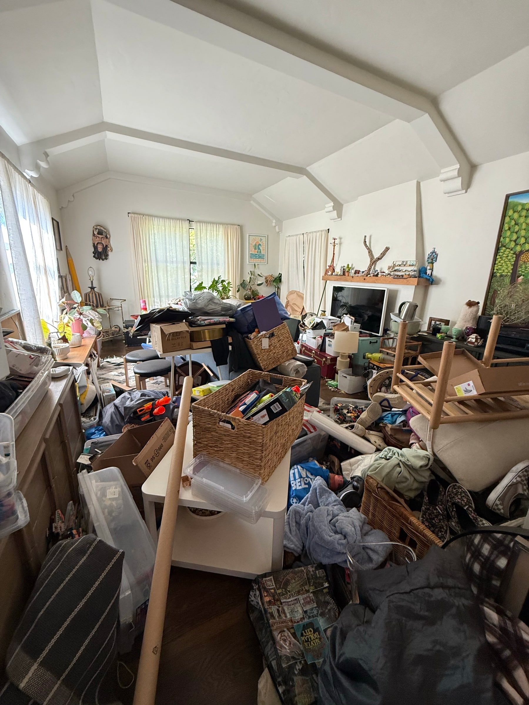 Before: Living room piled high with belongings and furniture before organizing